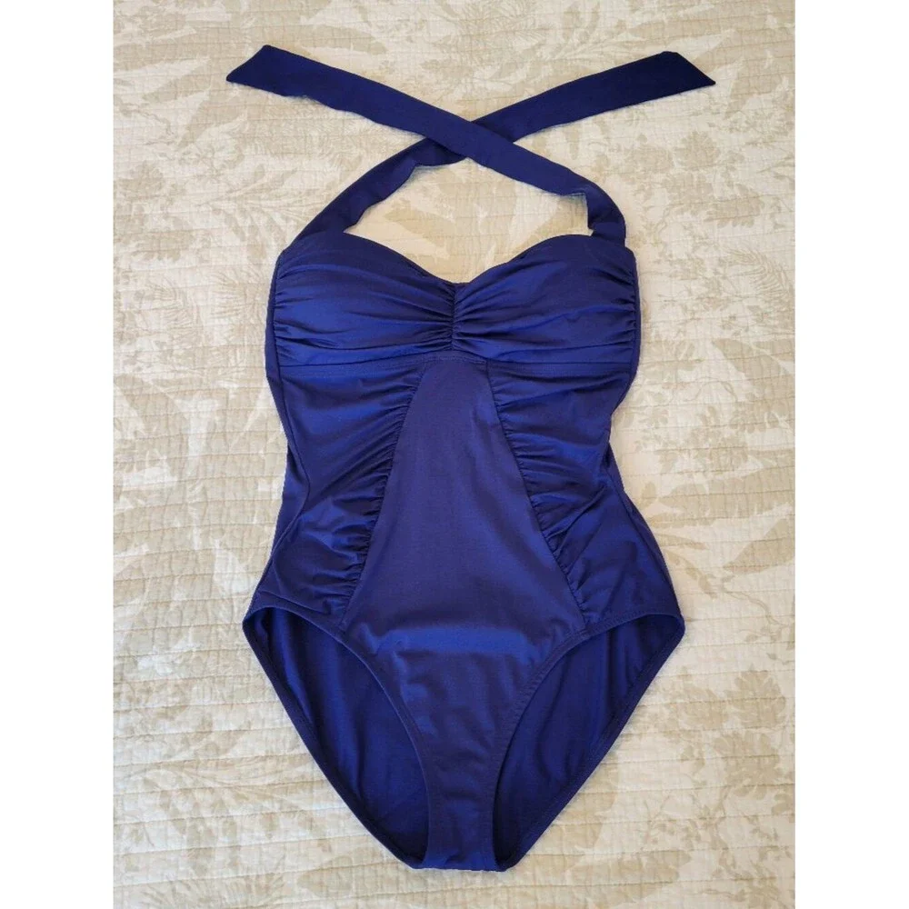 🌴 TOMMY BAHAMA Slimming Tummy Control One Piece Halter Swimsuit | Royal Blue 14